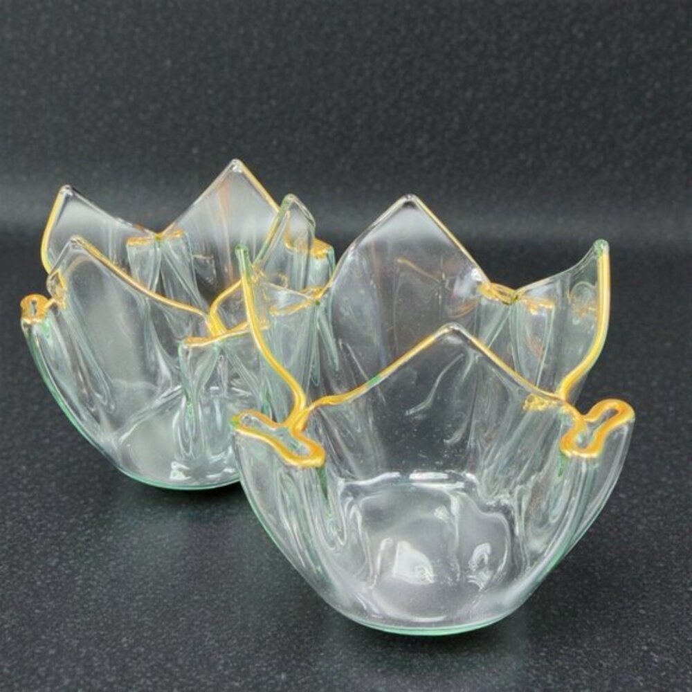 Handkerchief Folded Glass Tealight Holder Trinket Holder Set 2 Gold Edges Glass‎